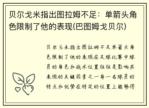 贝尔戈米指出图拉姆不足：单箭头角色限制了他的表现(巴图姆戈贝尔)