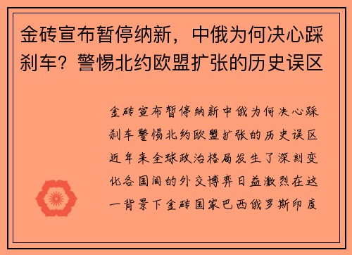 金砖宣布暂停纳新，中俄为何决心踩刹车？警惕北约欧盟扩张的历史误区