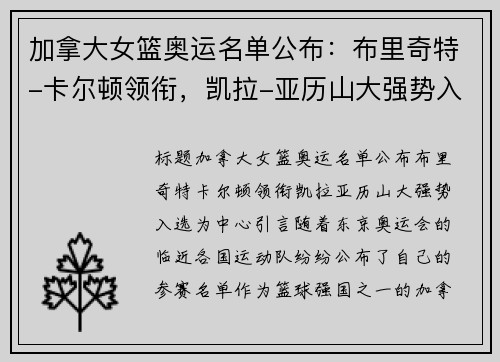 加拿大女篮奥运名单公布：布里奇特-卡尔顿领衔，凯拉-亚历山大强势入选