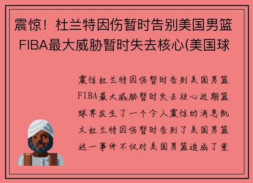 震惊！杜兰特因伤暂时告别美国男篮 FIBA最大威胁暂时失去核心(美国球星杜兰特)