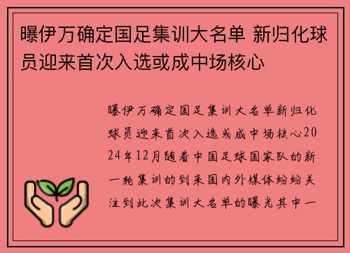 曝伊万确定国足集训大名单 新归化球员迎来首次入选或成中场核心